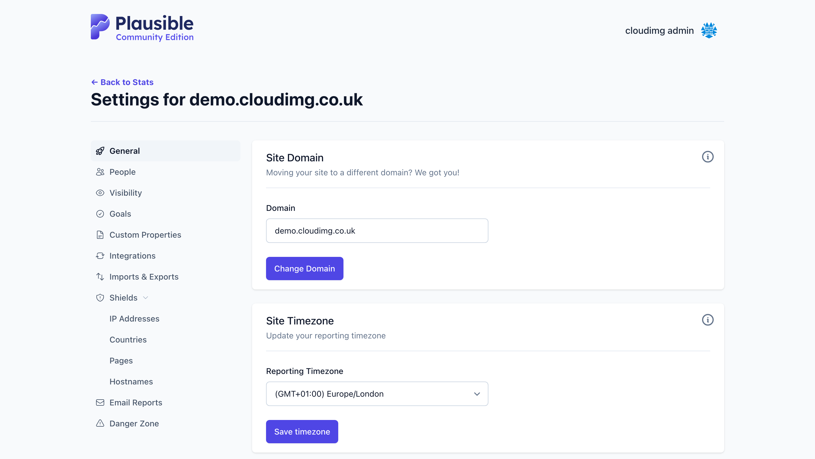 Plausible site settings