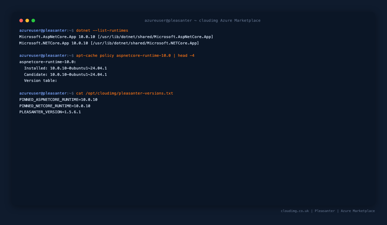 The installed ASP.NET Core 10 runtime, the Ubuntu archive origin of the package, and the pinned Pleasanter version