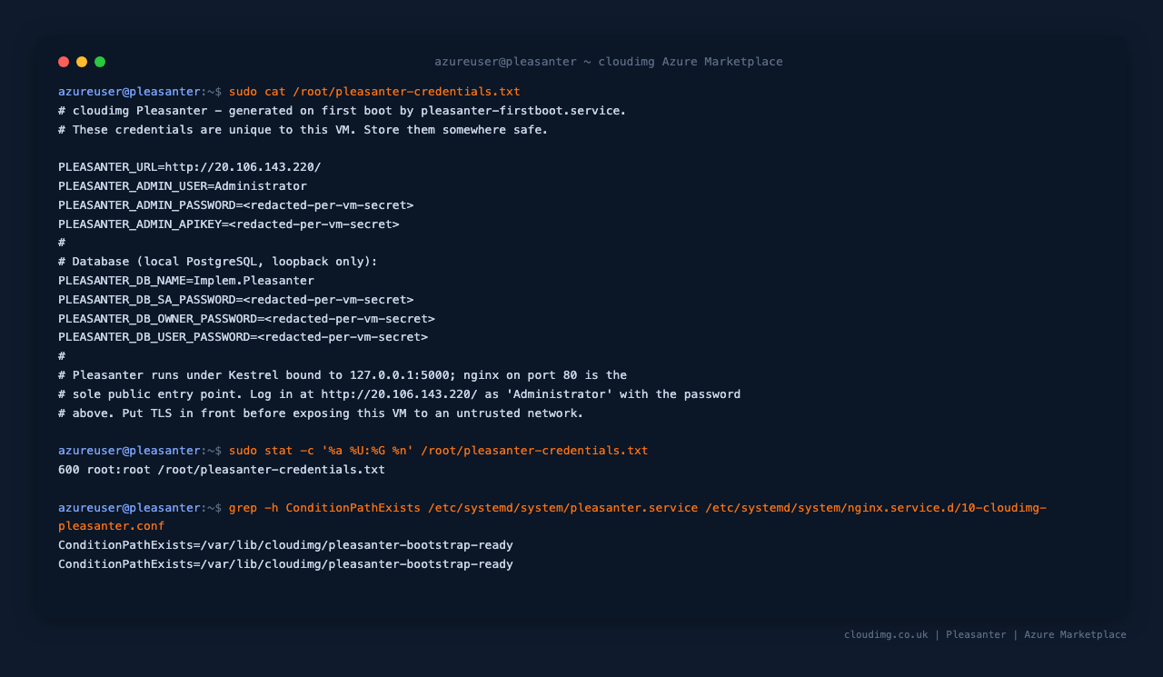 Retrieving the per-VM Administrator password, API key and database passwords, the 0600 root:root file permissions, and the bootstrap-ready marker both services wait on