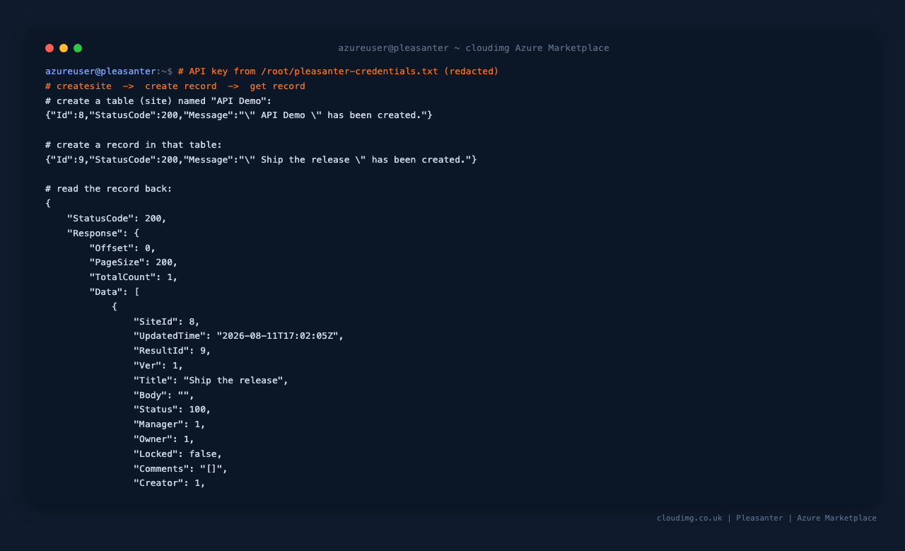 The no-code REST API round-trip: create a table, create a record, then read the record back with its title intact