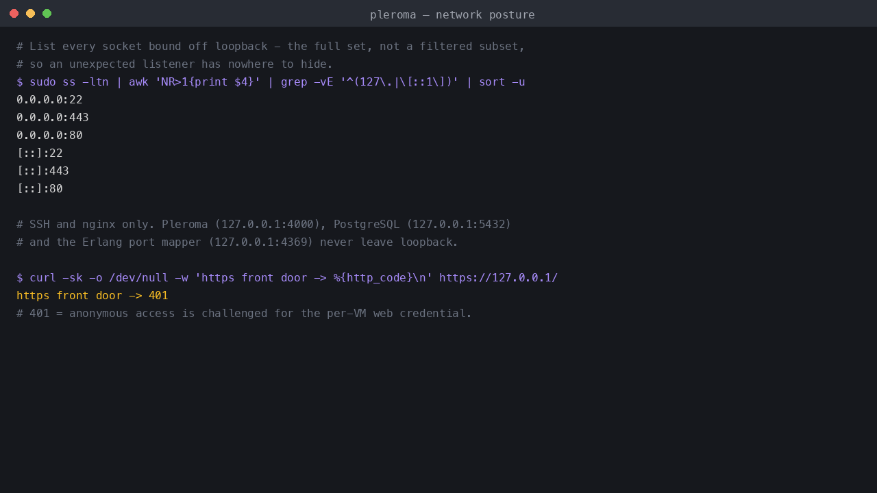 The only sockets bound off loopback are SSH on 22 and nginx on 80 and 443, with Pleroma and PostgreSQL reachable only on 127.0.0.1