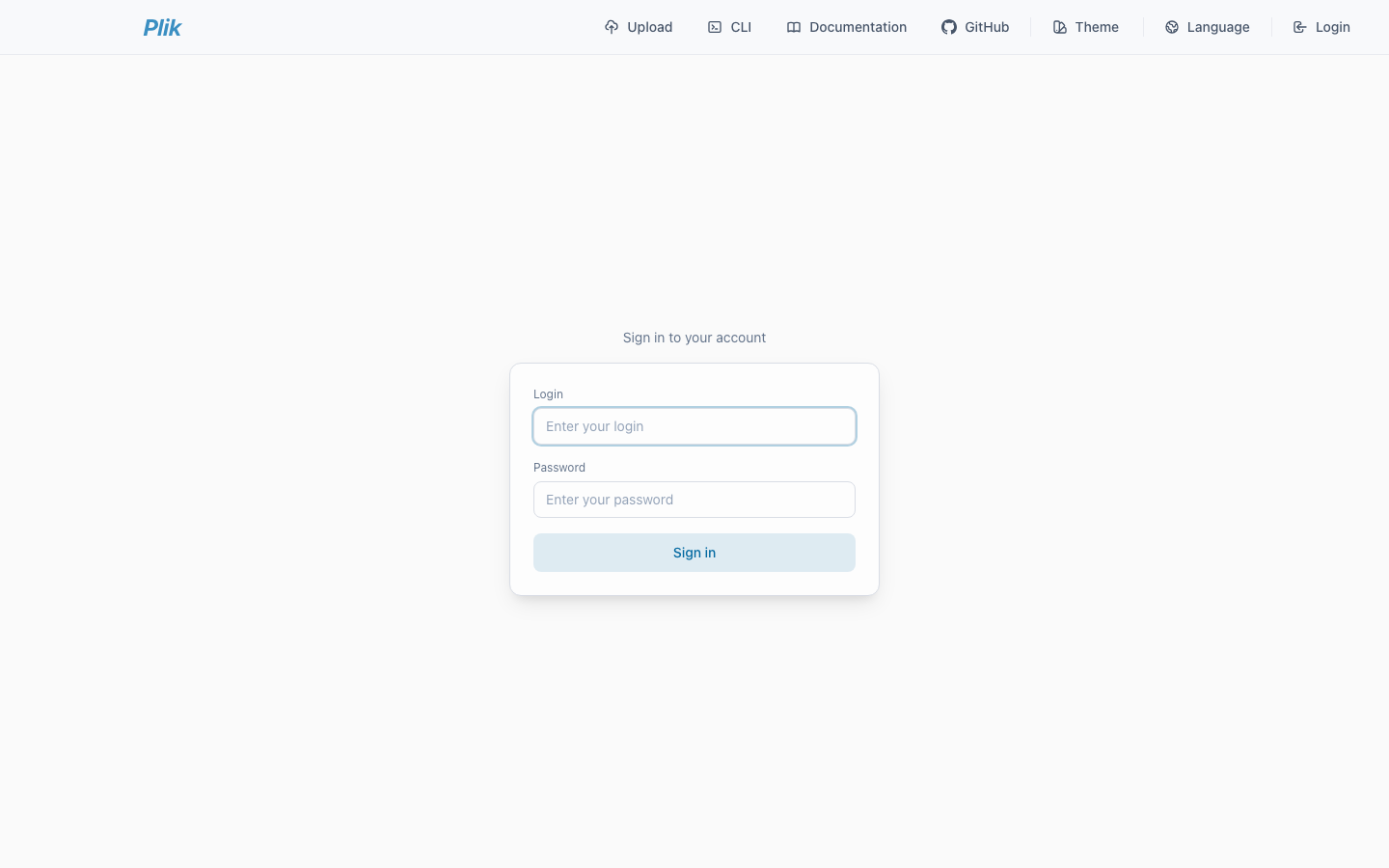 The Plik sign in page with Login and Password fields and a Sign in button