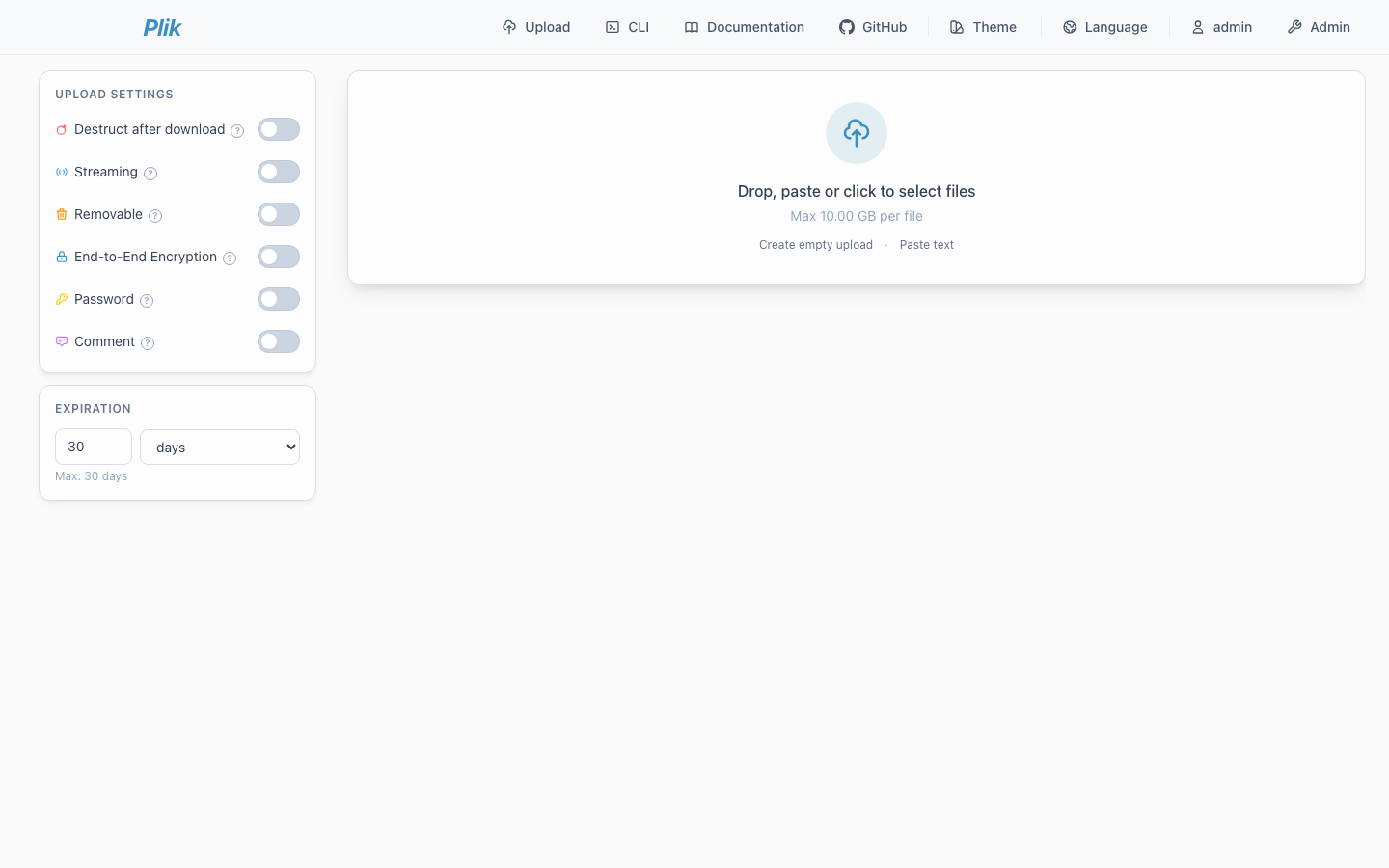 The Plik Upload page with the upload settings (destruct after download, streaming, removable, end-to-end encryption, password, comment), an expiration of 30 days and the drop zone
