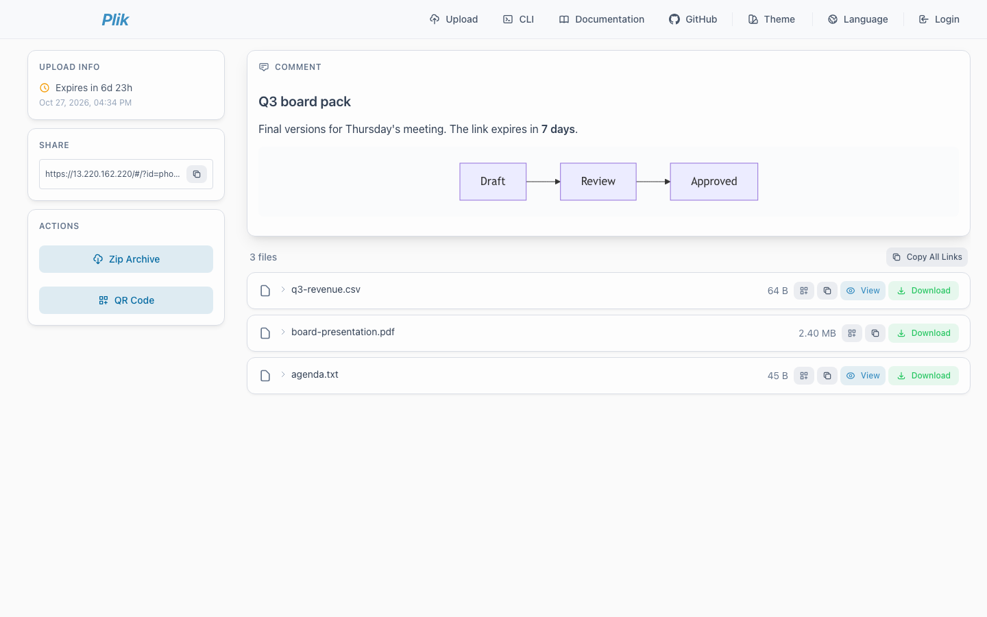 The same upload opened from its share link by someone who is not signed in: the comment, the three files with View and Download buttons, a zip archive button and a QR code, but no admin actions