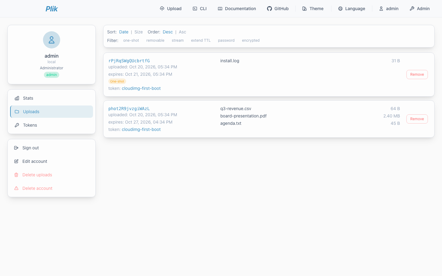 The Plik account page for admin with the Uploads tab: a one shot upload holding install.log and the Q3 board pack upload with three files, each with its expiry and a Remove button