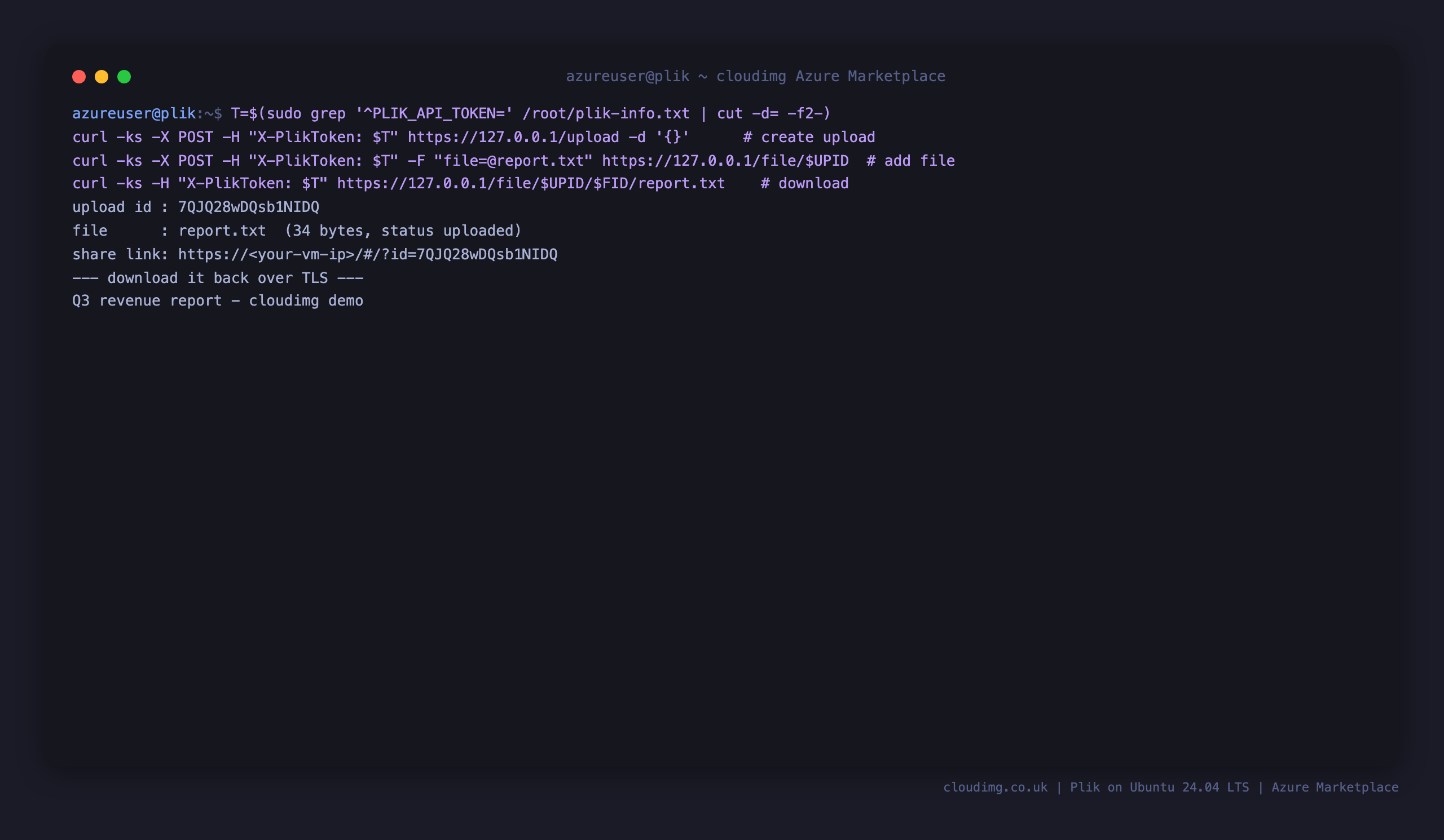 Terminal showing an API round trip over TLS: create an upload, add report.txt which reports status uploaded, print the share link, and download the file back returning the original Q3 revenue report contents