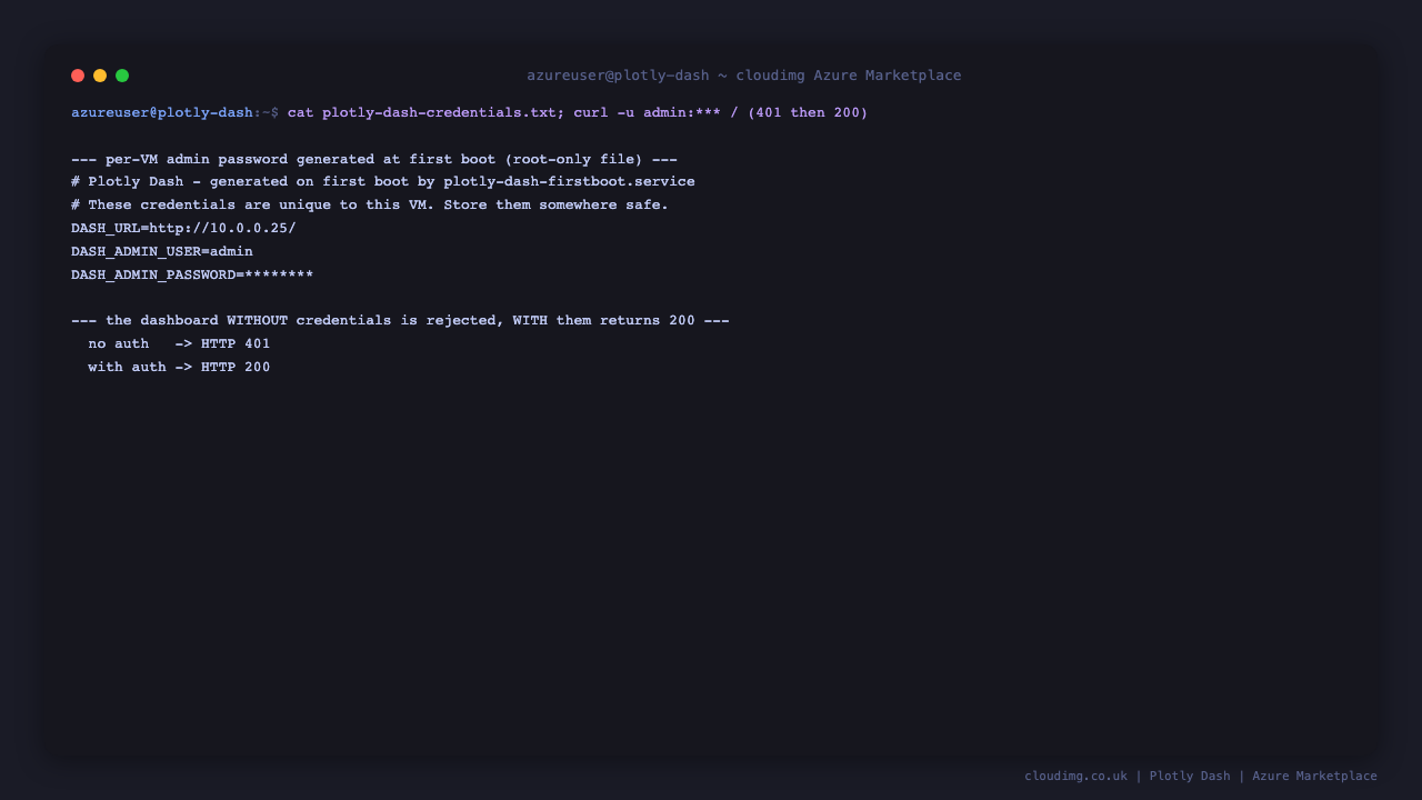 Terminal showing the per-VM admin credentials file and the HTTP Basic Auth round-trip returning 401 without credentials and 200 with them
