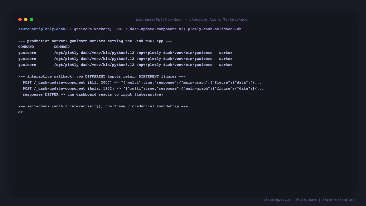 Terminal showing three gunicorn workers serving the Dash WSGI app and two POST requests to the callback endpoint returning different figures, proving the dashboard is interactive
