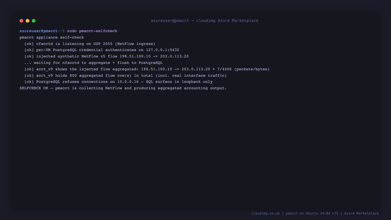 The bundled pmacct-selfcheck confirming the collector is listening, the per VM credential authenticates, an injected flow is aggregated into the table, and the database is loopback only