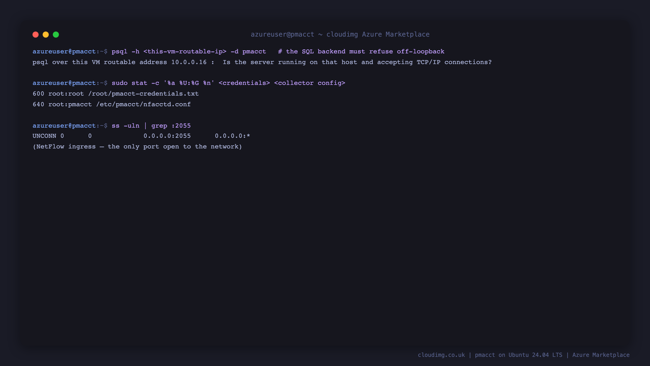 The database bound to loopback refusing a connection on the VM's own routable address, the root only permissions on the credentials and collector config, and the NetFlow port as the only network facing service