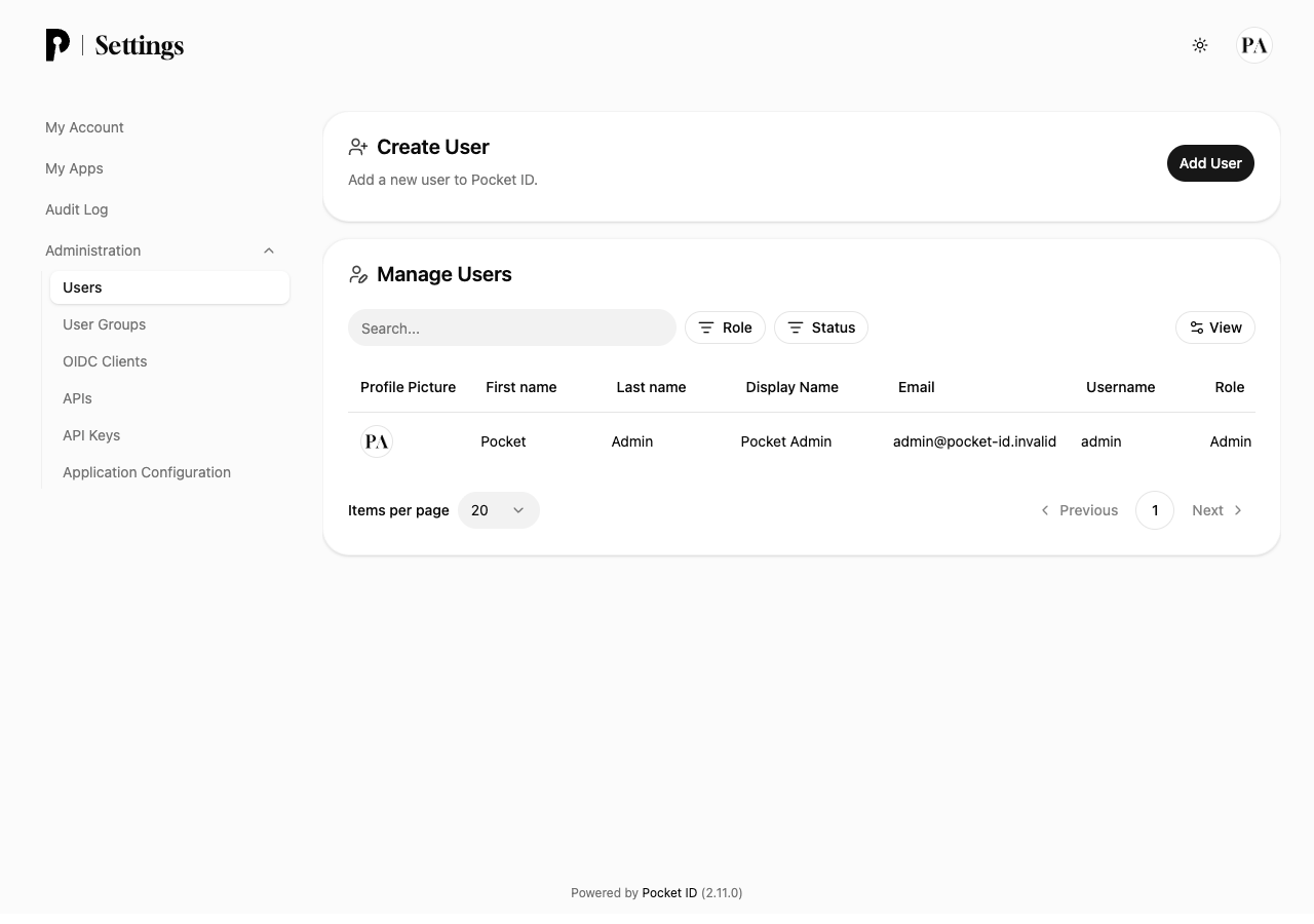 The Pocket ID admin Manage Users view listing the per instance admin account with its display name, email, username and role