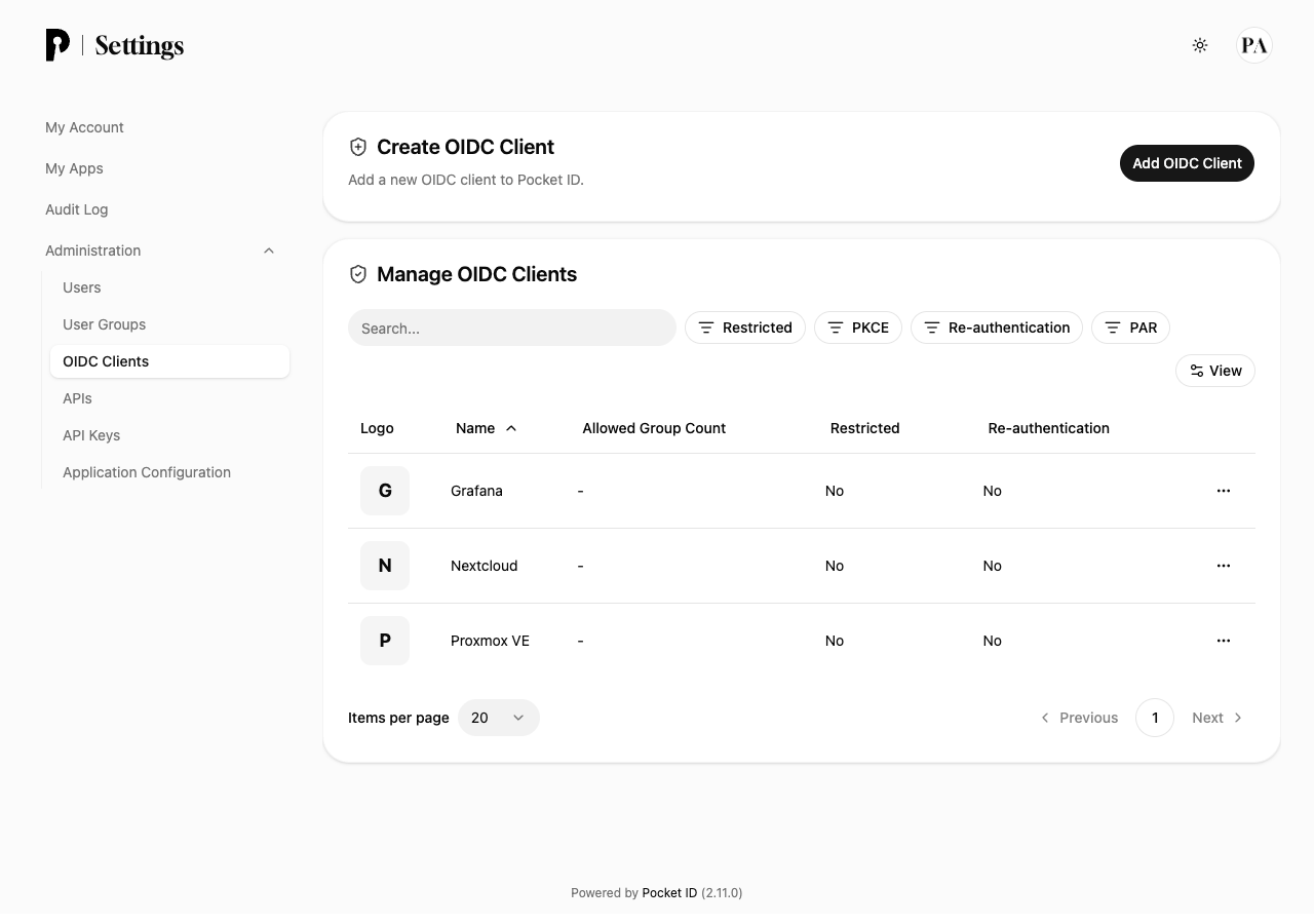 The Pocket ID admin Manage OIDC Clients view listing registered applications including Grafana, Nextcloud and Proxmox VE