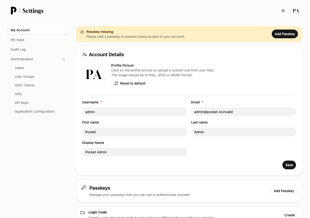 The Pocket ID account page prompting you to add a passkey, with the placeholder admin email ready to change