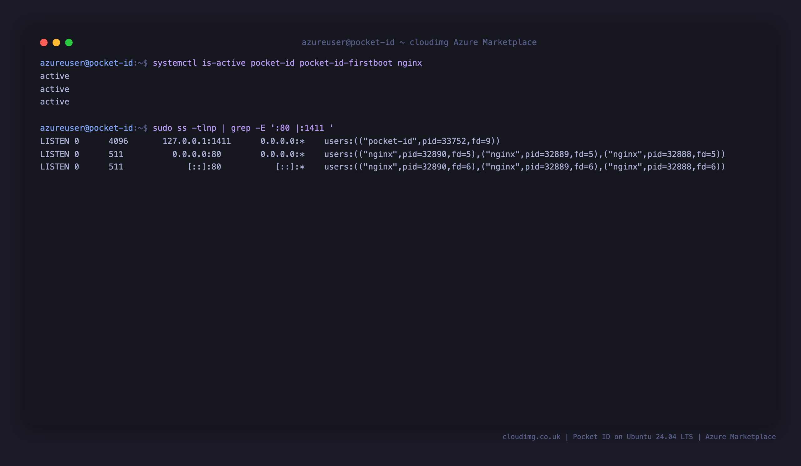The pocket-id, pocket-id-firstboot and nginx units all active, with Pocket ID listening on loopback 127.0.0.1:1411 and nginx on port 80
