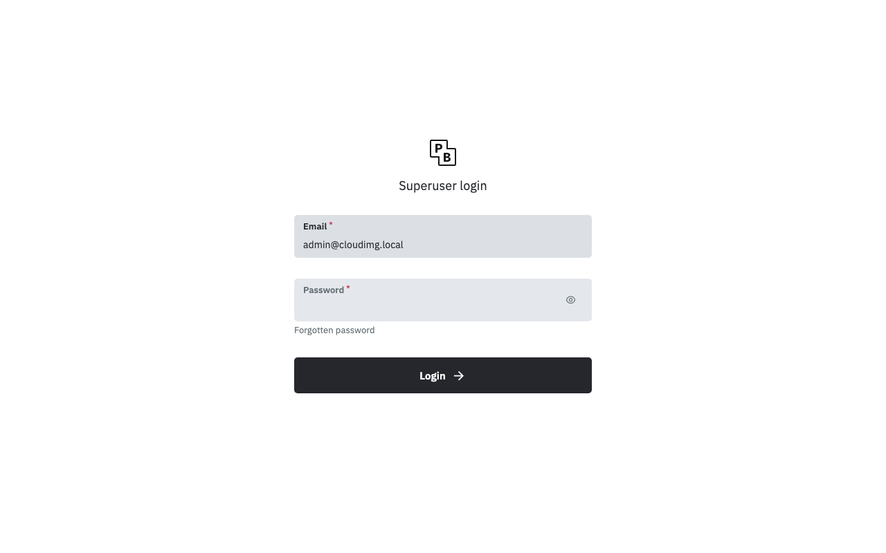 The PocketBase superuser login page with the e-mail admin@cloudimg.local filled in