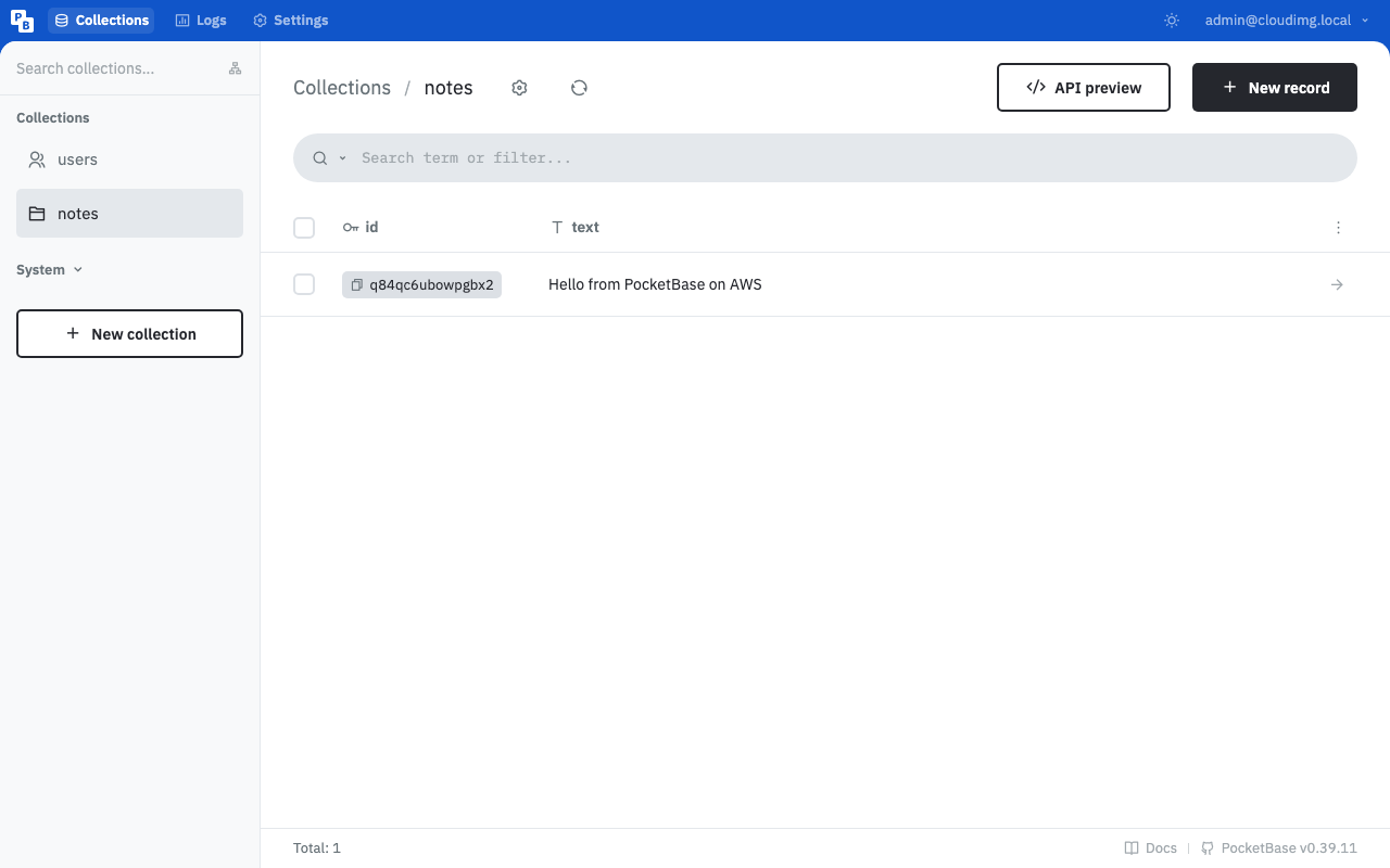 The PocketBase Collections view showing the users and notes collections and one record in notes