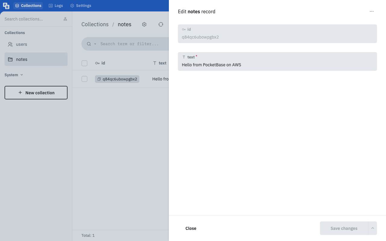 The PocketBase record editor for a notes record with its id and text fields