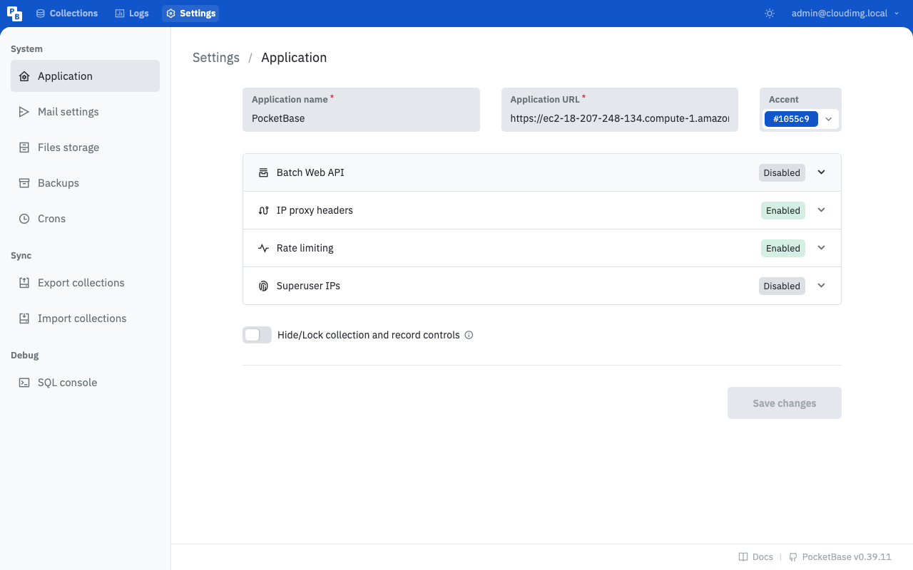 PocketBase Settings, Application: the application URL set to the instance's EC2 DNS name, IP proxy headers Enabled and Rate limiting Enabled