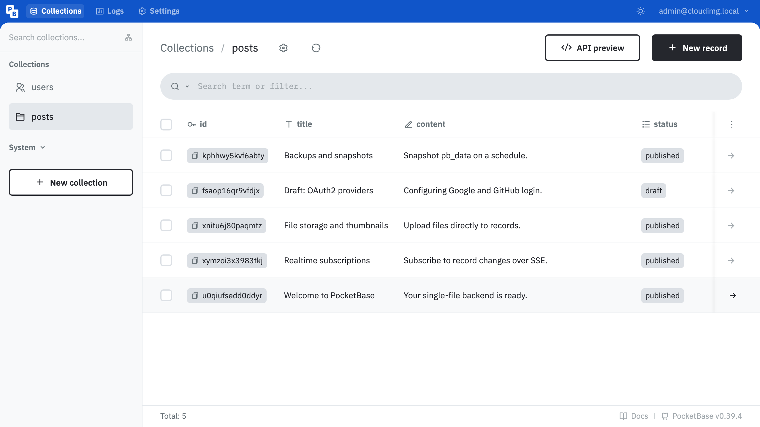 The PocketBase collections and records dashboard