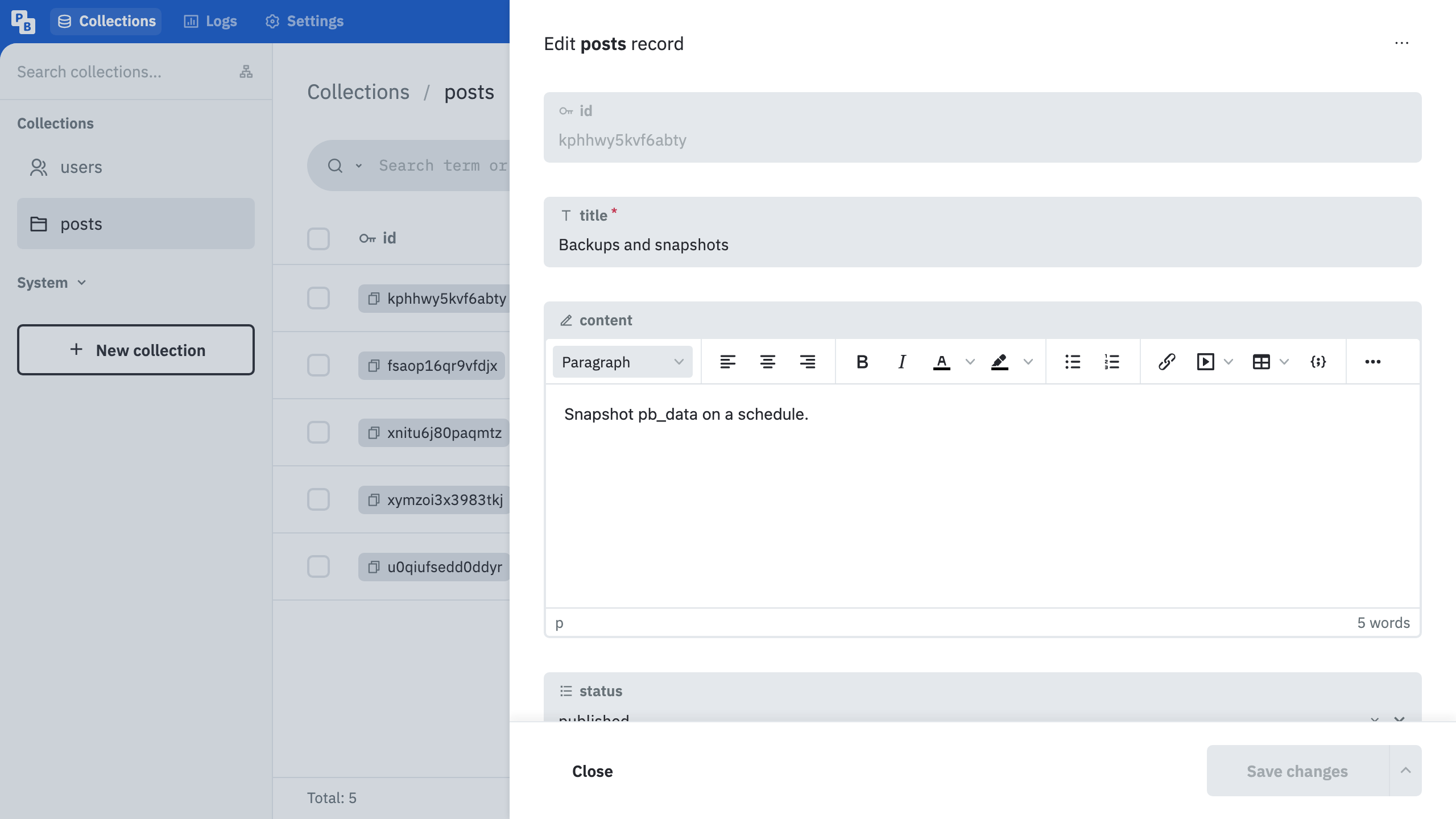 The PocketBase record editor