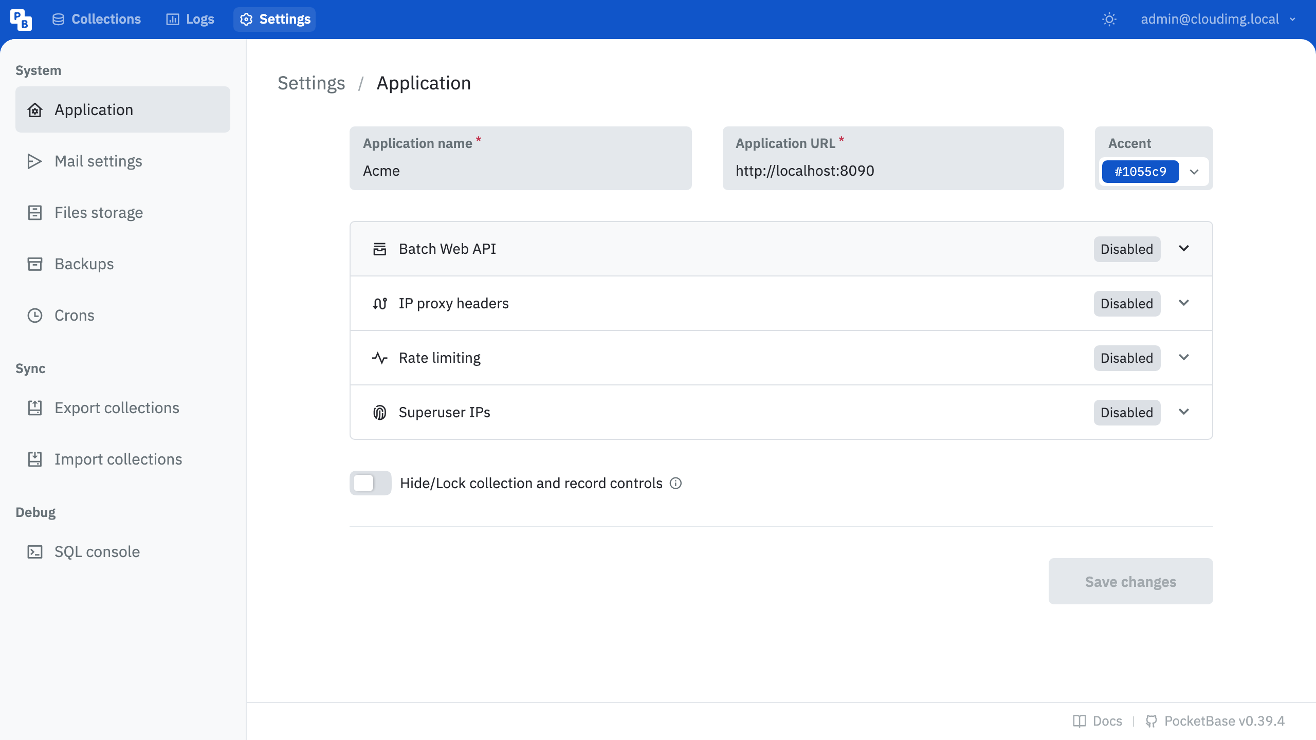 The PocketBase settings view