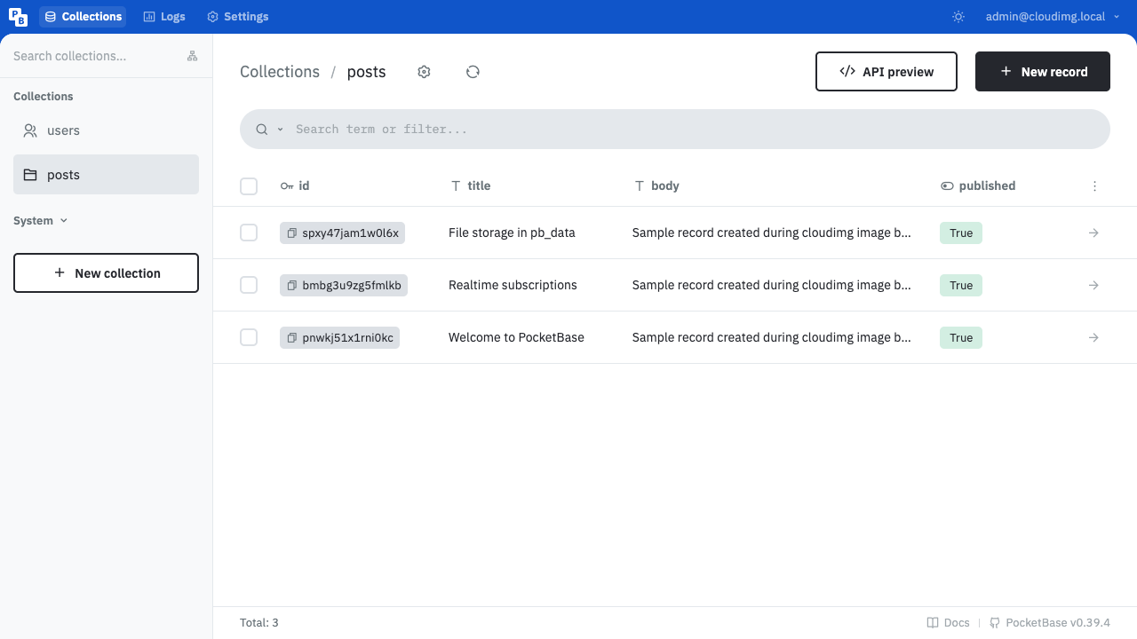 PocketBase Collections dashboard