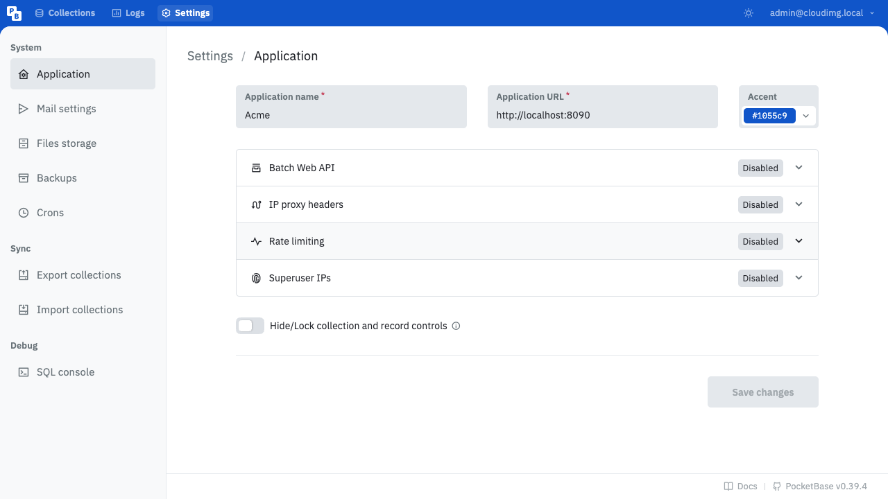 PocketBase application settings