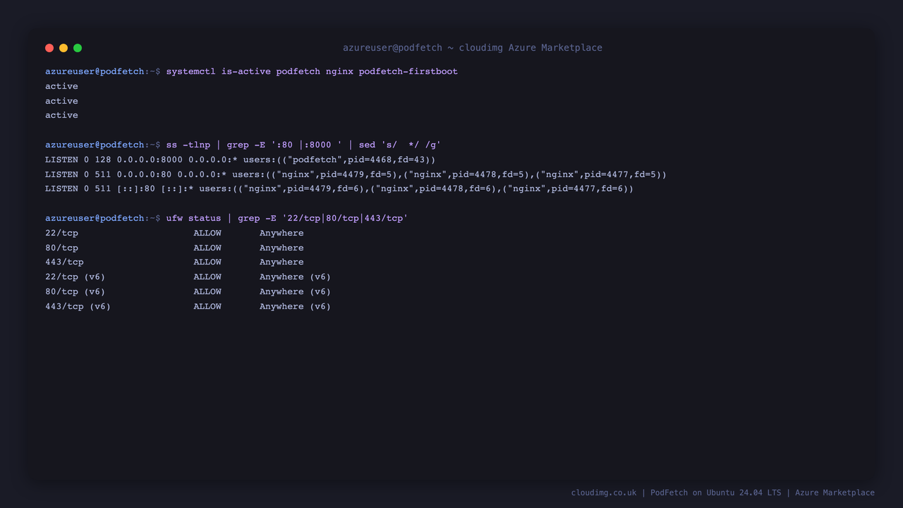 The podfetch, nginx and podfetch-firstboot services active, nginx listening on port 80 and the PodFetch server on 8000, with ufw allowing only 22, 80 and 443