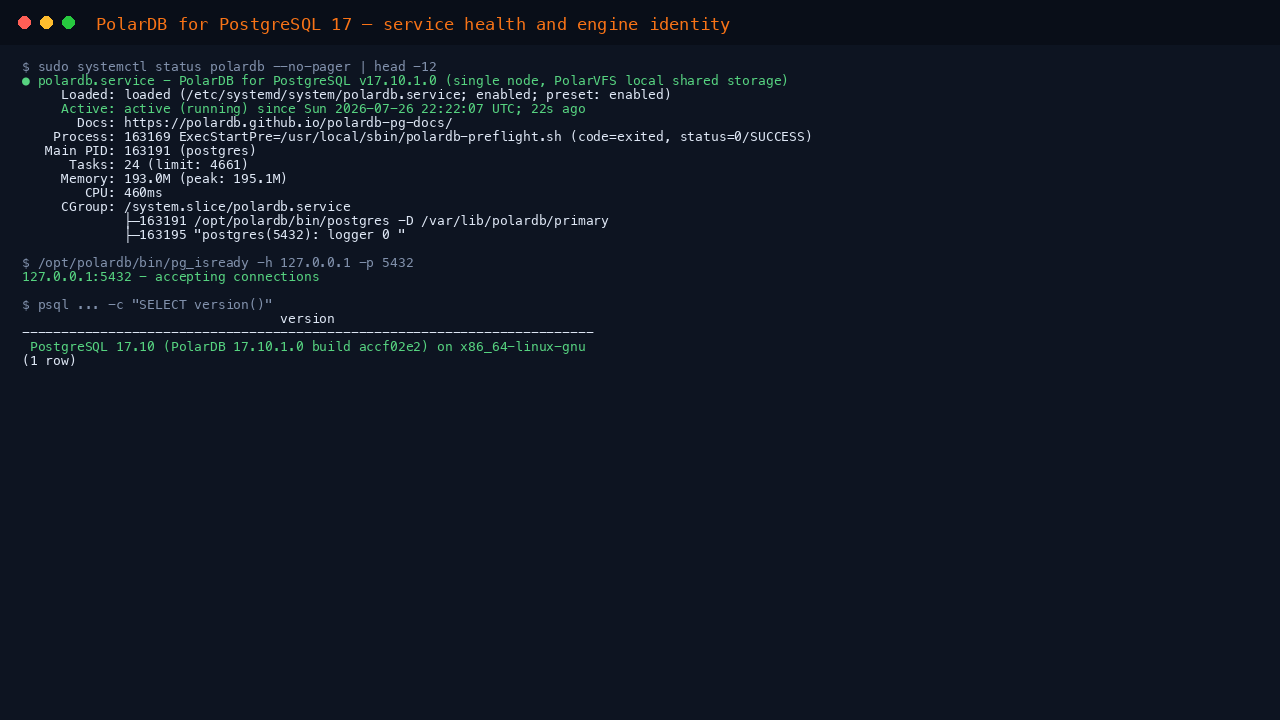 Terminal showing polardb.service active and running under systemd, pg_isready reporting the server accepting connections on 127.0.0.1 port 5432, and the version query returning PostgreSQL 17.10 with the PolarDB 17.10.1.0 build accf02e2 identifier