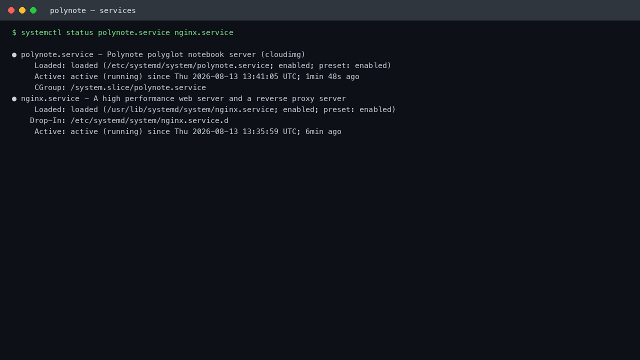 systemctl reporting polynote and nginx active, and ss showing the notebook server bound to the loopback address on port 8192 only
