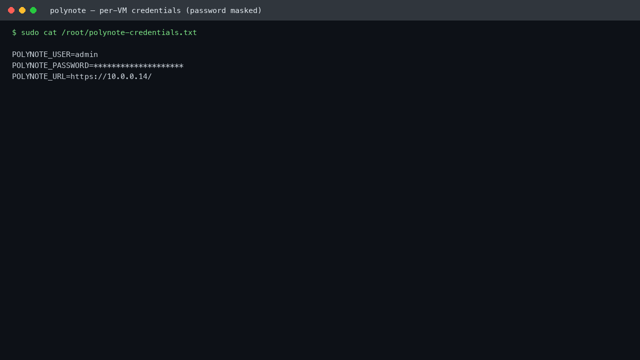 The per VM polynote-credentials.txt file shown over SSH with the admin username and URL visible and the password value masked, generated uniquely on this VM's first boot