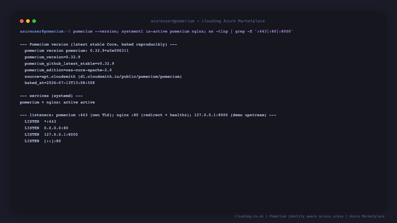 pomerium.service and nginx.service both active (running); the Pomerium version baked into the image; ss shows Pomerium listening on :443 for its own TLS, nginx on :80 for the redirect and health probe, and a loopback demo upstream on 127.0.0.1:8000