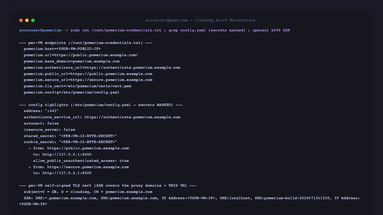 The pomerium-credentials.txt file with the proxy endpoints, the config.yaml highlights showing address :443, autocert false and the public and secure demo routes with the per instance shared and cookie secrets masked, and the self signed certificate Subject Alternative Names covering the proxy domains and the VM public IP