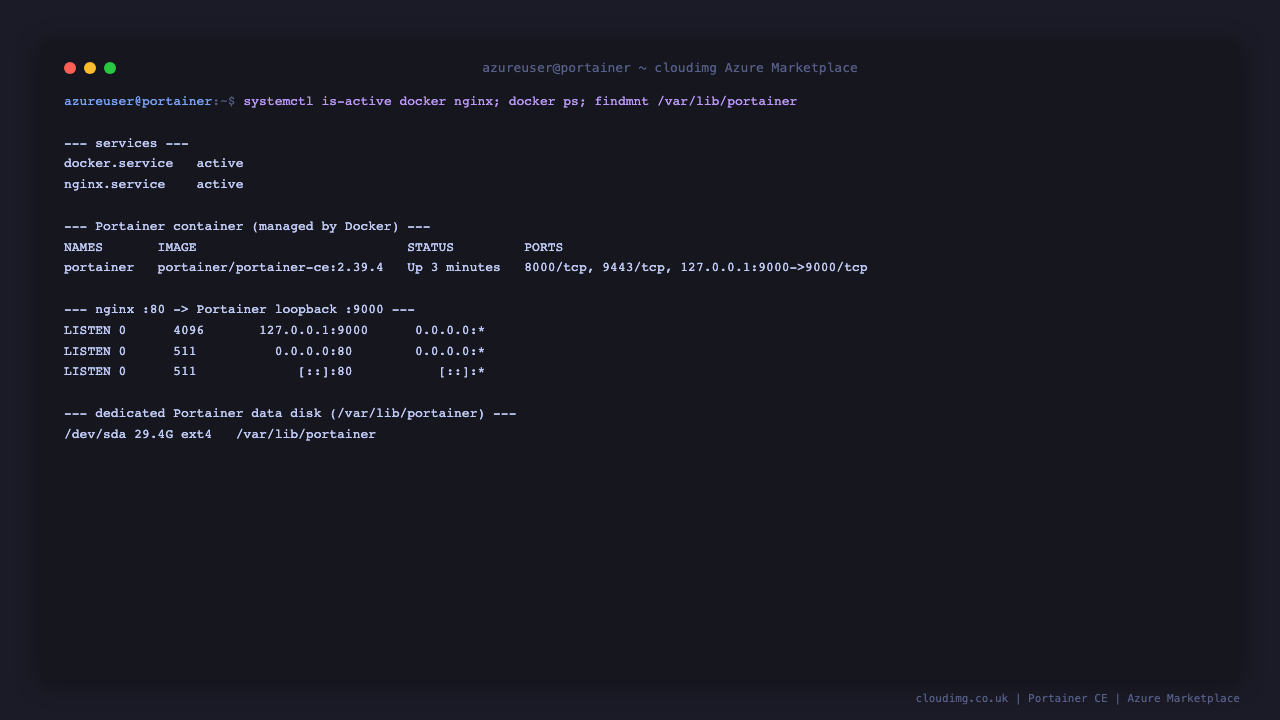 docker.service and nginx.service active, the Portainer container running on the loopback connector 9000, and the dedicated data disk mounted at /var/lib/portainer