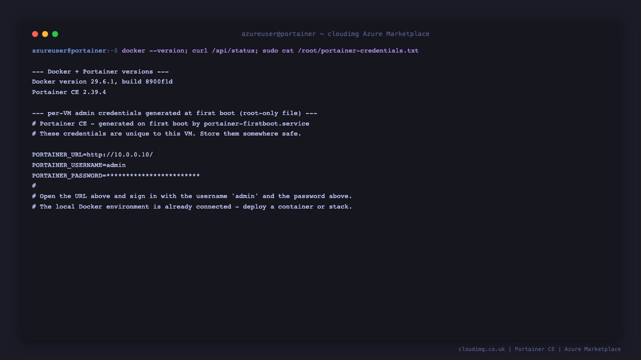The Docker and Portainer versions and the per-VM credentials file with the generated admin password and URL