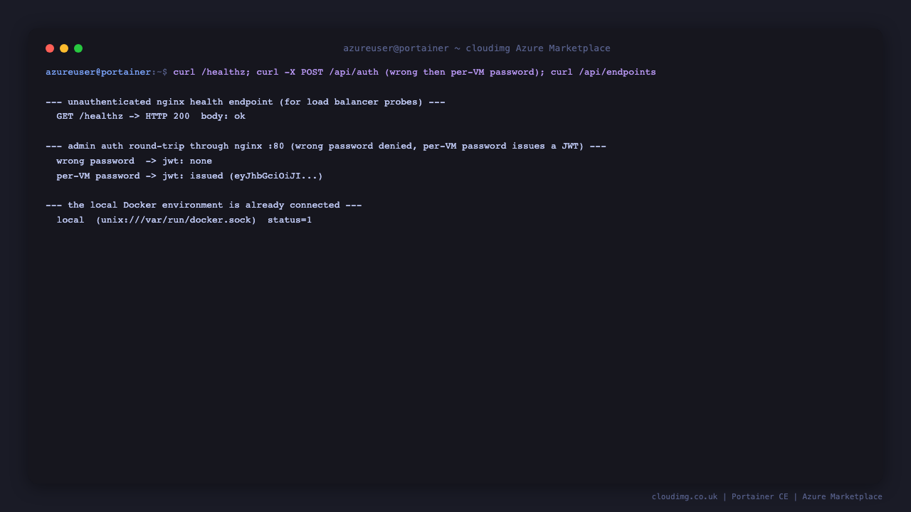 The nginx health endpoint returning ok, the admin auth round-trip rejecting a wrong password and issuing a JWT for the per-VM password, and the local Docker environment already connected