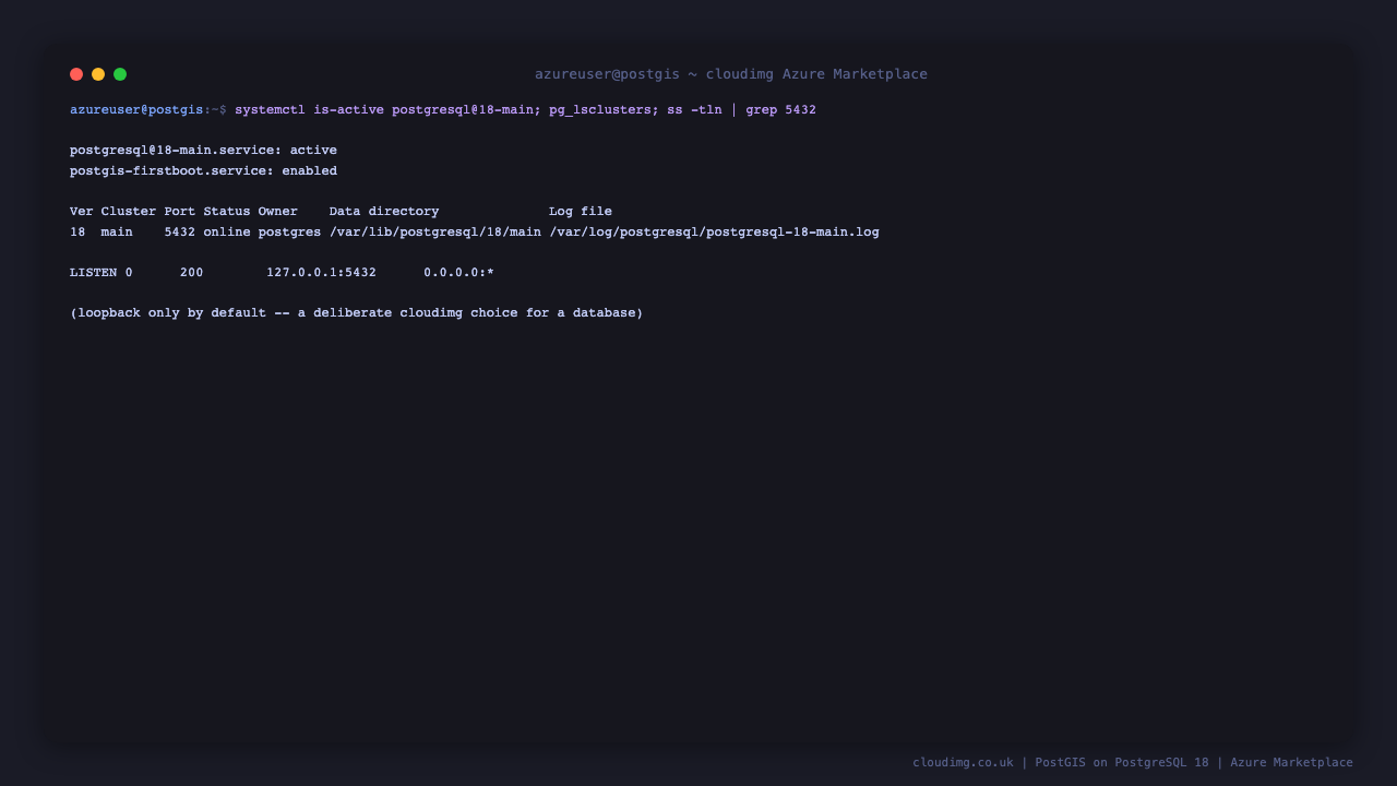 PostgreSQL 18 and PostGIS 3.6 service status and cluster listing on a freshly booted virtual machine