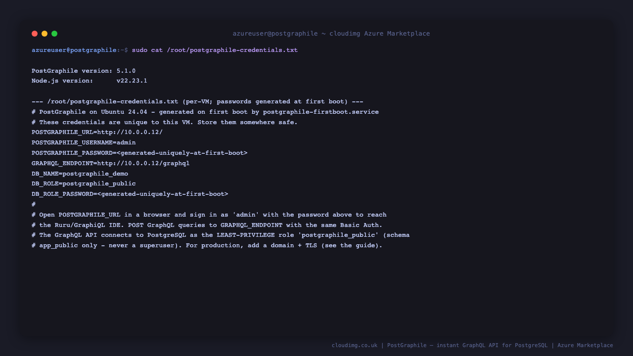 The PostGraphile and Node.js versions and the per VM credentials file with the generated admin username, password, URL and least privilege database role