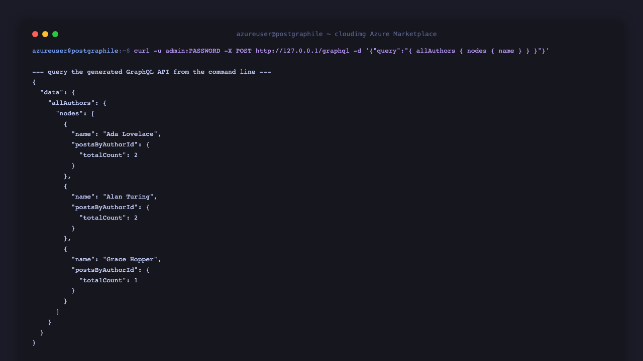 A curl POST to the /graphql endpoint returning the three seeded authors and their post counts from the generated GraphQL API