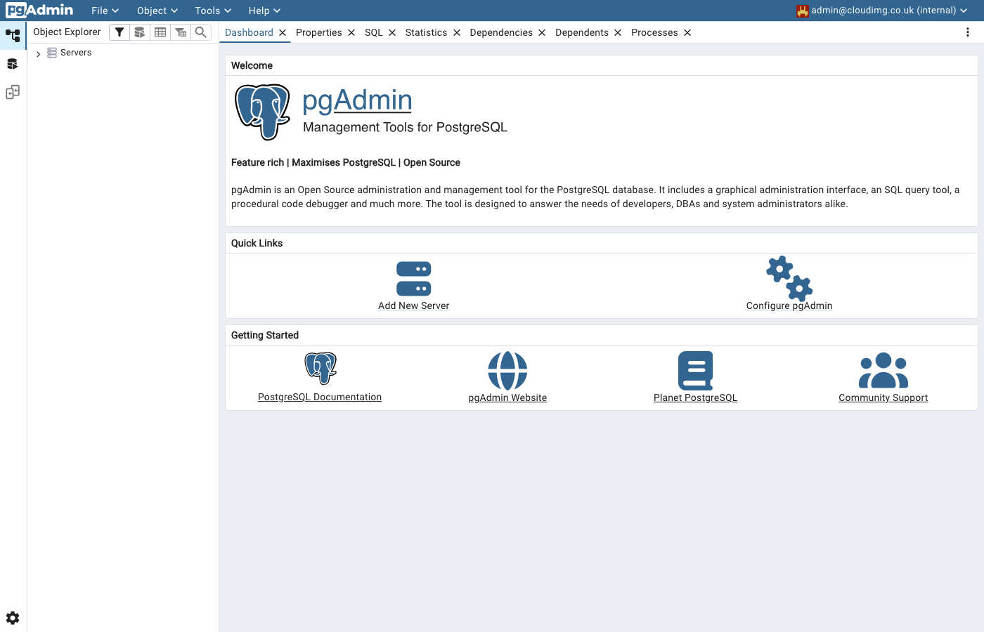 pgAdmin 4 dashboard with Servers tree