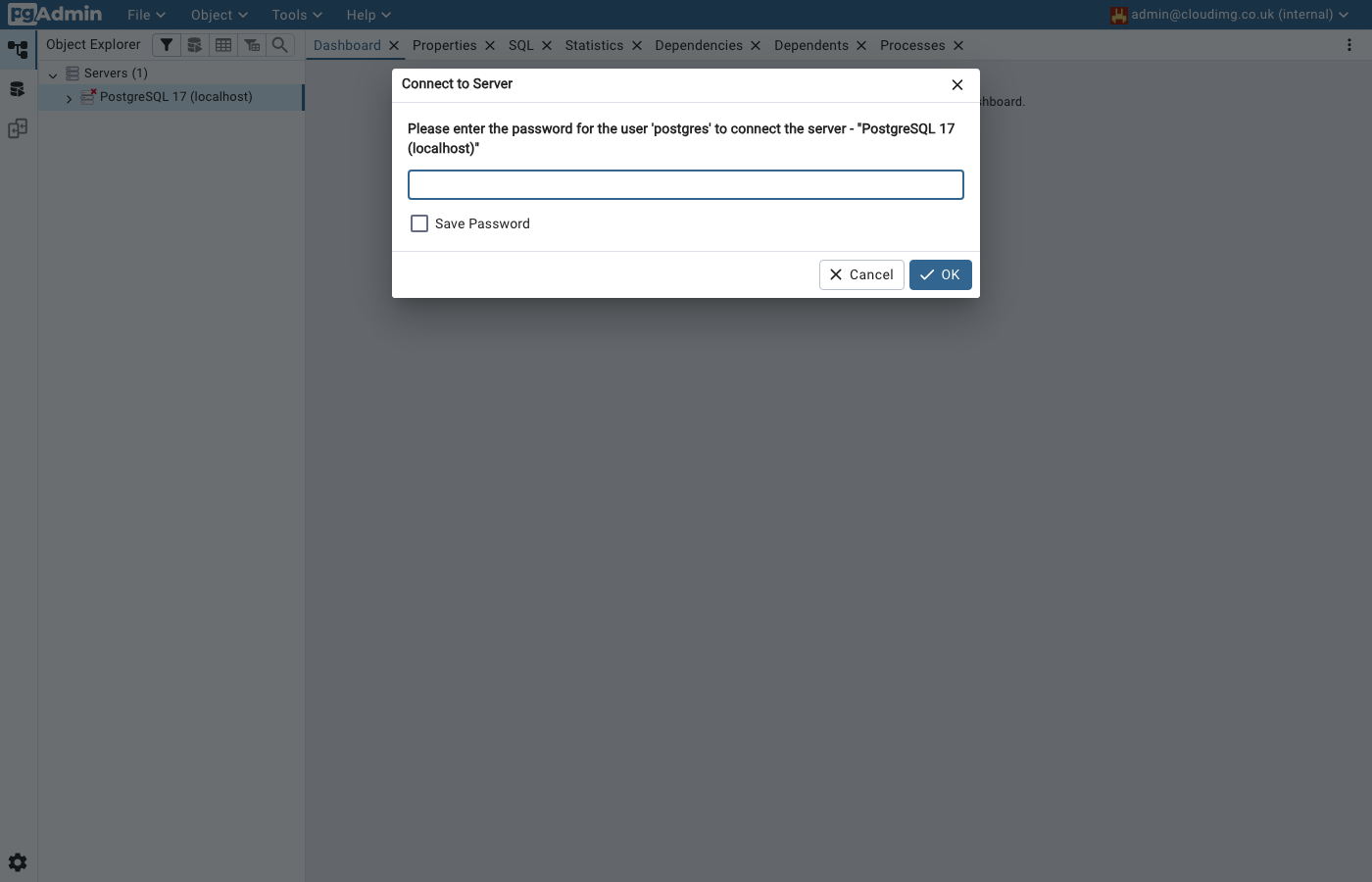 pgAdmin 4 Connect to Server prompt for the preconfigured PostgreSQL 17 localhost server