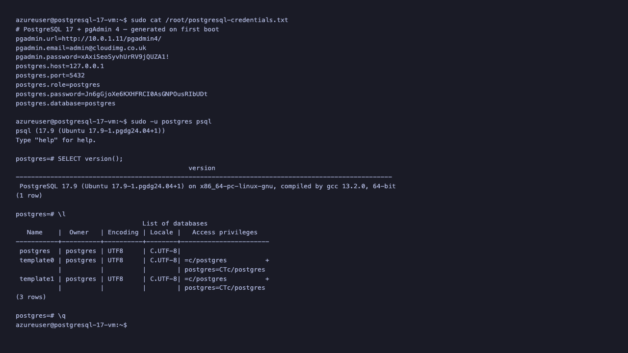 PostgreSQL 17 version and cluster status confirmed via psql and pg_lsclusters