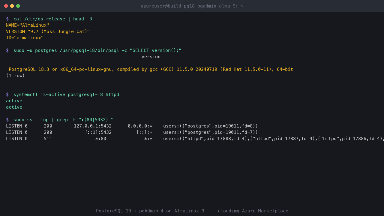 PostgreSQL 18 version and service status confirmed via psql and systemctl