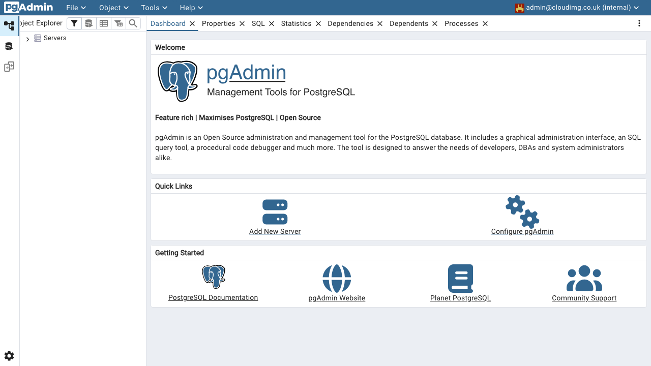 pgAdmin 4 dashboard with Servers tree