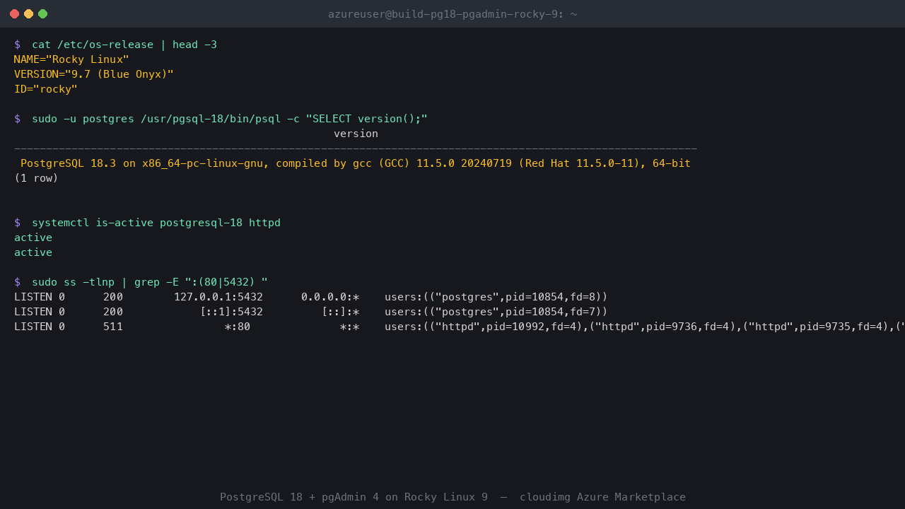 PostgreSQL 18 version and service status confirmed via psql and systemctl