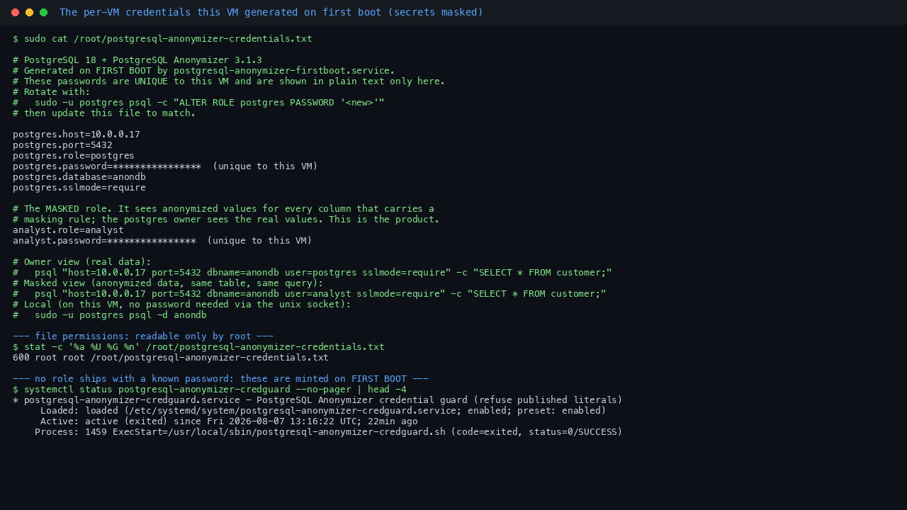 Terminal showing the per VM credentials file at /root/postgresql-anonymizer-credentials.txt with mode 600 owned by root, listing the postgres host, port 5432, the postgres and analyst roles with their passwords masked, database anondb and sslmode require, followed by ready to use owner and masked connection strings, and the credential guard service reported active