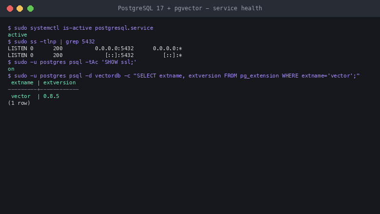 Terminal showing postgresql.service active, PostgreSQL listening on port 5432, SHOW ssl returning on, and the pg_extension query returning the vector extension at version 0.8.5, confirming pgvector is pre enabled in the vectordb database