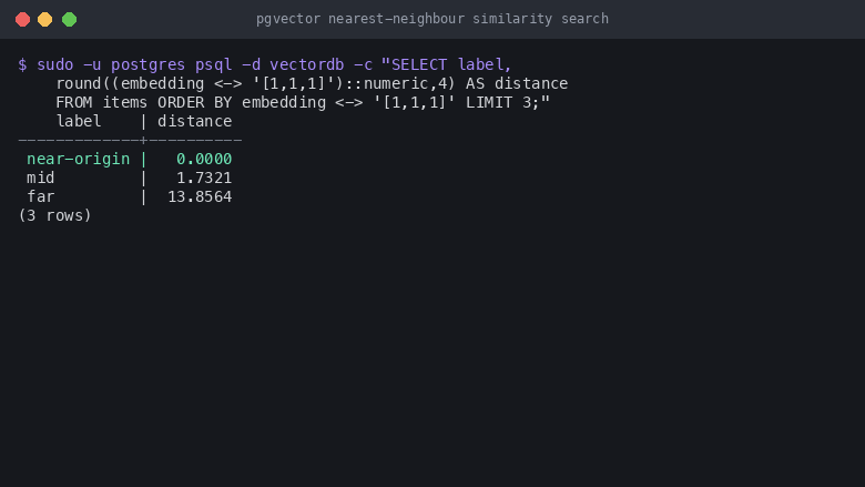 Terminal showing a pgvector nearest neighbour query against the seeded items table in the vectordb database, returning near-origin at distance 0.0000 first, then mid at 1.7321 and far at 13.8564, ranking rows by similarity to the query vector