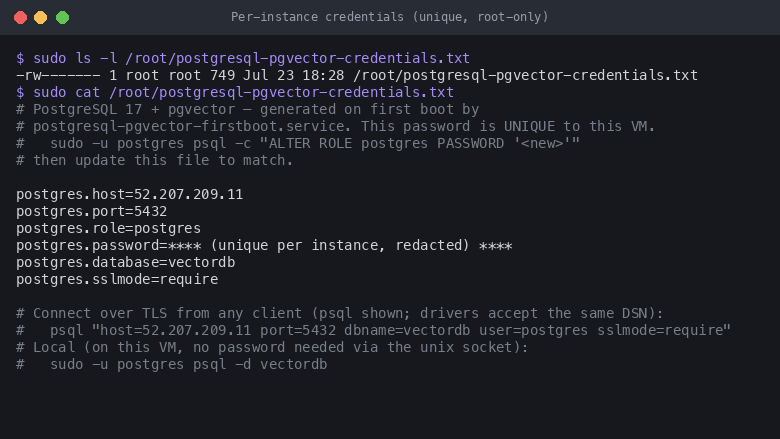 Terminal showing the per instance credentials file at /root/postgresql-pgvector-credentials.txt with mode 600 owned by root, listing the postgres host, port 5432, role postgres, the per instance password (redacted), database vectordb and sslmode require, followed by a ready to use TLS psql connection string