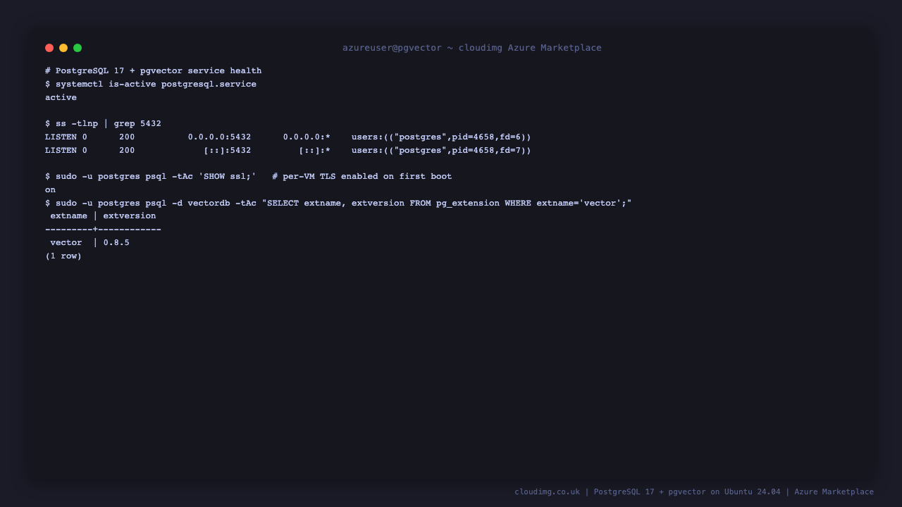 Terminal showing postgresql.service active, PostgreSQL listening on port 5432, SHOW ssl returning on, and the pg_extension query returning the vector extension at version 0.8.5, confirming pgvector is pre enabled in the vectordb database